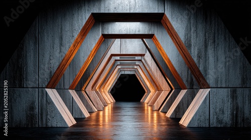 Repetitive geometric architectural structures create a dark, illuminated tunnel effect
