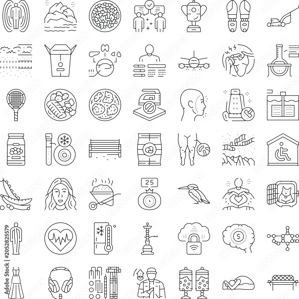 Fototapeta premium Collection of conceptual line art icons illustrating a wide range of themes including health, nature, technology, food, logistics, and everyday objects, ideal for modern design