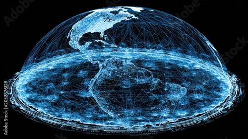 Digital representation of the world illustrates complex global connections and data flow