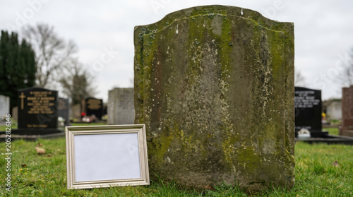 Gravestone with Flowers in Peaceful Cemetery Memorial Setting