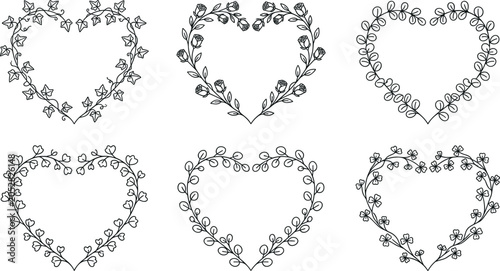 Floral heart wreath vector illustration set featuring romantic black line art botanical frames with ivy leaves rose buds and vines isolated on white background.