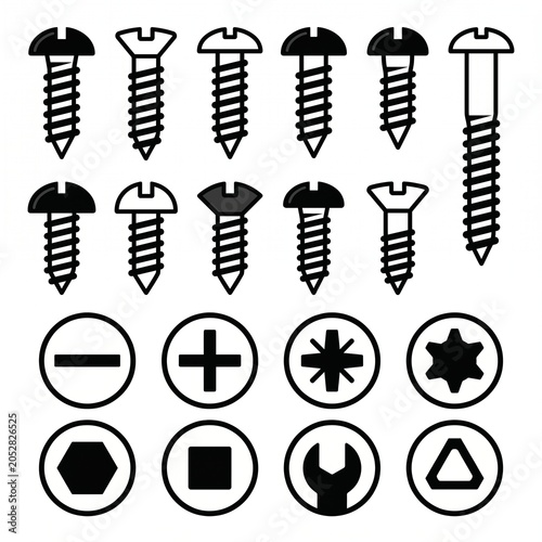 Screw icons with different types of screw heads and screwdrivers  various tools.