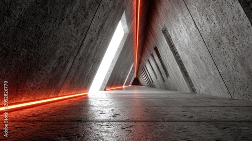 Concrete architectural tunnel features stark geometric lines and vibrant luminous accents.