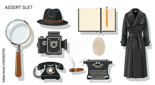 Vintage Detective Investigation Tools and Noir Accessories Set