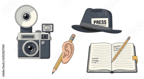 Vintage Journalism and Reporter Equipment Vector Illustration