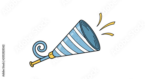 Blue and white striped party horn illustration with a yellow mouthpiece and motion lines indicating a loud celebration or exciting announcement.