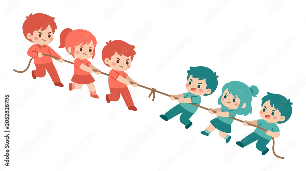 Fototapeta premium Cartoon children playing tug of war with rope