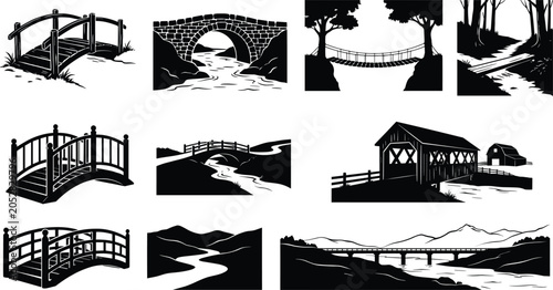 Foto Landscape bridge silhouette vector bundle featuring wooden footbridges stone arc