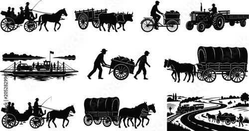 Konstfotografi Collection of solid black vintage transportation silhouette icons featuring hors