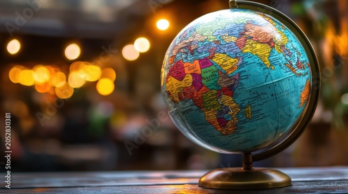 A colorful globe showing detailed map of world on a table