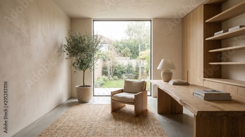Cozy Japandi Study Room with Warm Wood Textures and Natural Light