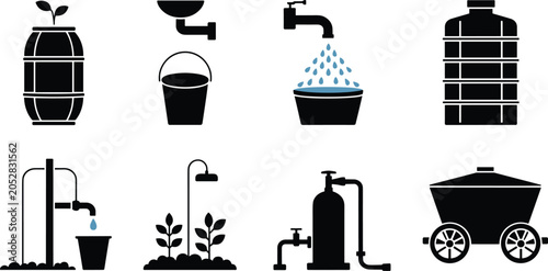 Foto Water harvesting and irrigation silhouette icons set with tank, pump, faucet, sh