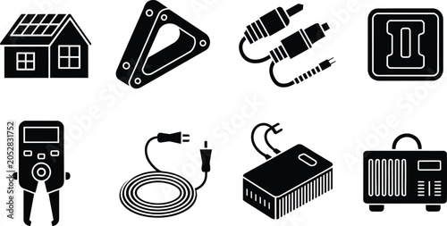 Fotografi Electrical and electronic device icons set including a house with solar panels,