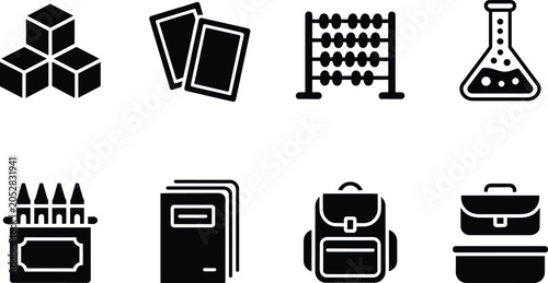 Education and learning supplies icons set including backpack, books, crayons, abacus, and flask and school in solid style