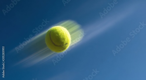 Tennis ball flying fast through the air with motion blur against a clear blue sky background