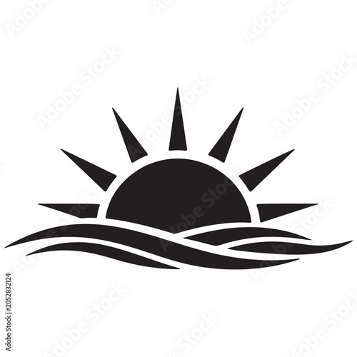 Stylized sunrise over ocean waves graphic with landscape silhouette vacation