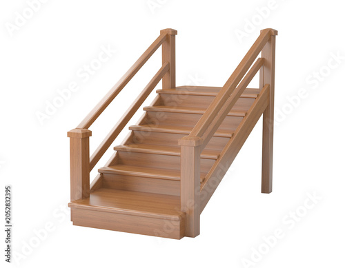 Wooden Staircase with Six Steps and Railings Isolated on White Background