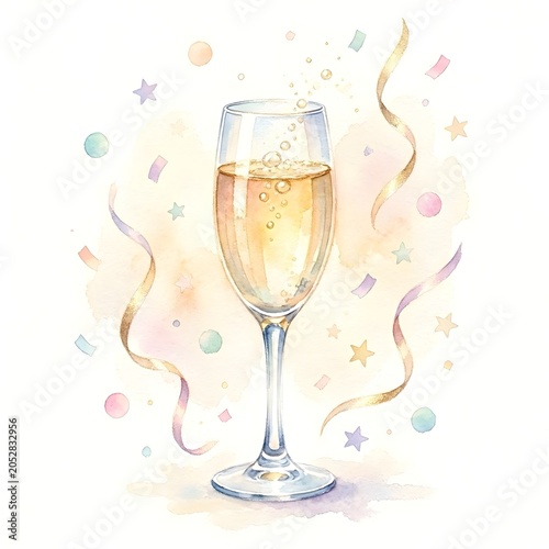 A delicate watercolor illustration of a sparkling champagne flute bursting with golden bubbles, surrounded by vibrant pastel confetti swirling in the air. 