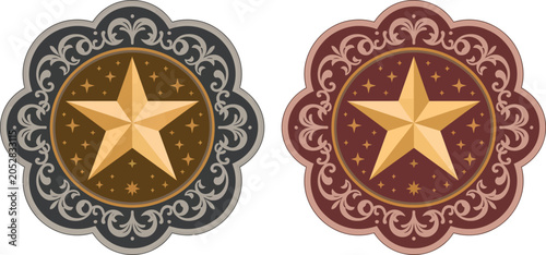 Obraz na plátně Sheriff, star badge and belt buckle set, Texas five point star designs with wild west rodeo motifs for western emblems law enforcement and vintage branding