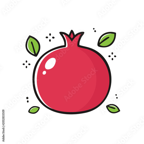 Vibrant cartoon pomegranate with leaves and sparkles, simple graphic illustration