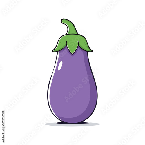 Vibrant cartoon eggplant with green stem and leaves isolated on a white background