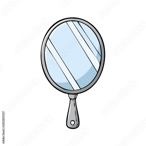 Handheld Oval Mirror with Silver Handle Reflecting Light on White Background