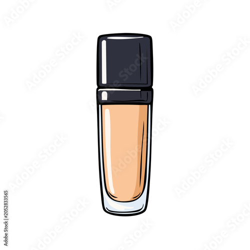 Cosmetic foundation bottle with black lid and beige liquid inside isolated on white