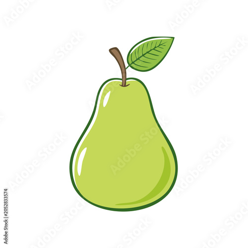 Fresh Green Pear Fruit with Leaf and Stem Illustration