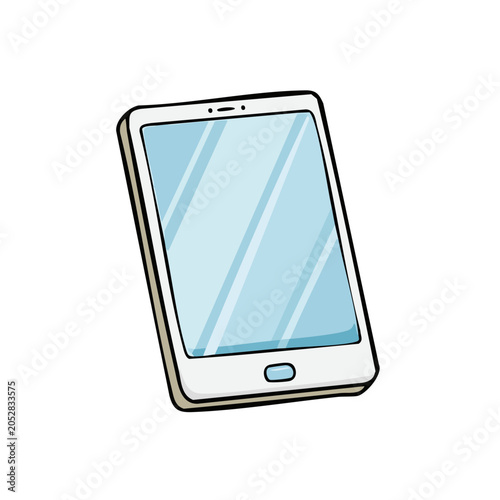 White modern smartphone with a bright blue screen reflected light on a white background