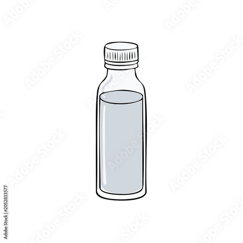 Clear glass bottle with white screw cap filled with pale liquid isolated on white background
