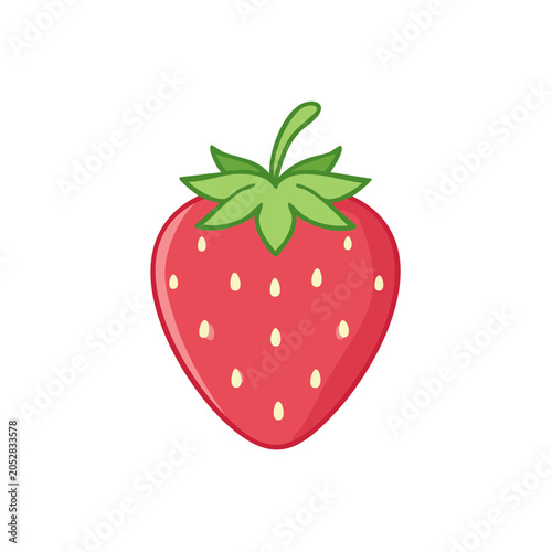 Vibrant cartoon strawberry icon with green leaves and white seeds isolated on white