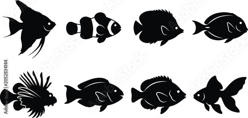Tableau sur toile Tropical reef fish silhouette vector bundle featuring angelfish clownfish lionfi