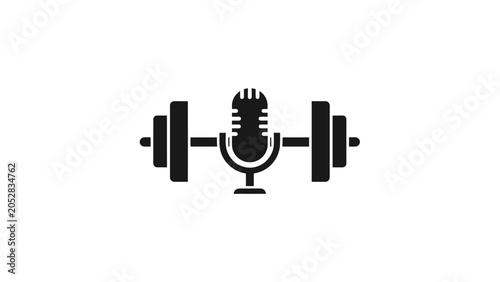 Microphone and Barbell Dumbbell Weight Icon for Fitness Podcast or Audio Training on Isolated White Background