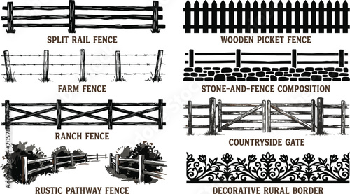 Obraz na płótnie Rustic fence and countryside gate vector bundle featuring wooden picket fences r