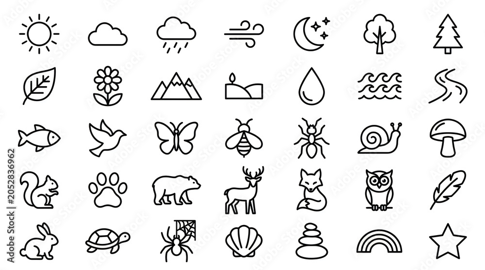 Fototapeta premium Collection of Nature and Weather Icons in Simple Outline Style