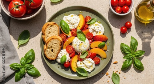 Burrata cheese salad with fresh peaches, cherry tomatoes, and basil leaves on a green plate