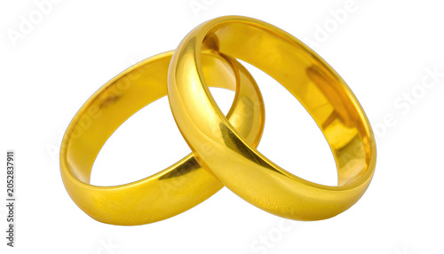 Wedding rings crafted from polished yellow gold interlock to symbolize a permanent romantic commitment.