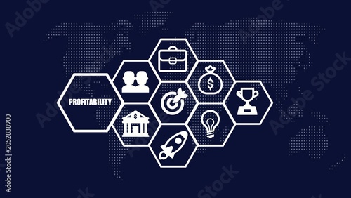 Foto Hexagonal connected in a network with profitability text and global map Generate title without using the word Title: before it