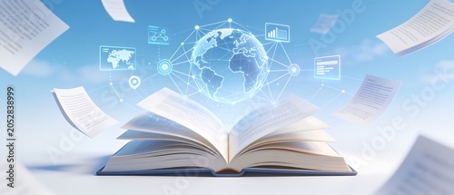 The open book, a floating digital manuscript, represents an AI neural network, a publishing platform, and a connection with readers worldwide.