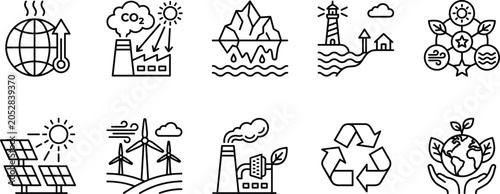 Green ecology line icons bundle with solar panels wind turbines industrial pollution sea level rise recycling and nature conservation