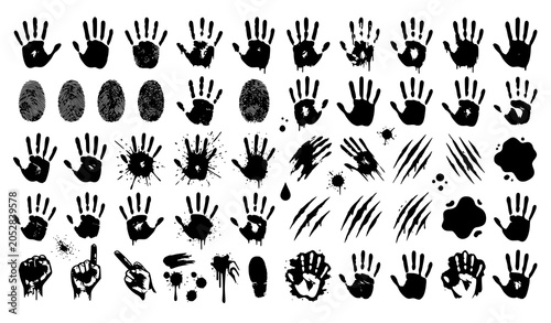 Schilderij op canvas Scary blood hand print vector horror graphic set