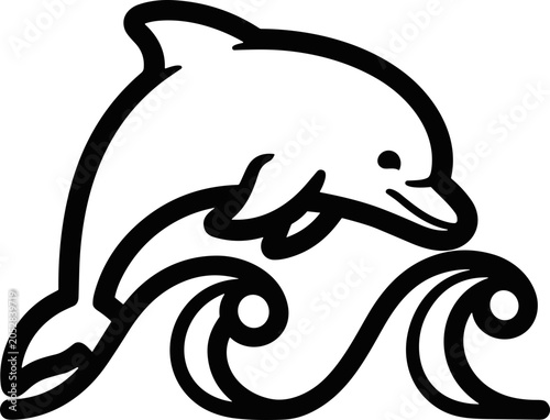 Stylized dolphin jumping over ocean waves, simple line art, black and white illustration.