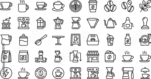 Coffee shop line icon set featuring espresso machine coffee beans kettle cup mug grinder moka pot and barista brewing equipment