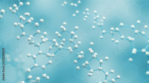 Molecular structure visualization abstract science background with white spheres