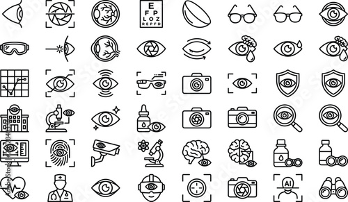 Ophthalmology and vision line icon set featuring eye care optics medical technology glasses and surveillance vectors