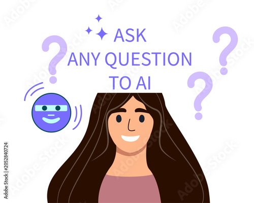 Chat bot robot speech internet. AI service mobile isolated app. Woman Asks question to AI. Artificial intelligence assistance. Digital conversation. Vector
