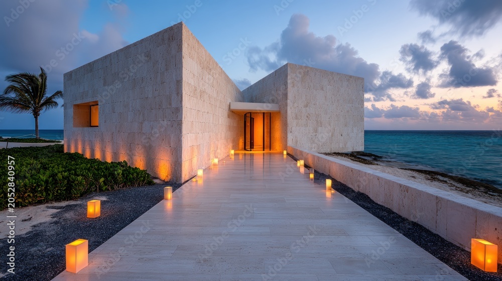 Fototapeta premium Luxurious beachfront resort at dusk with illuminated pathway leading to modern architecture and ocean views.