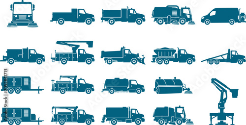 Heavy municipal maintenance vehicle collection showing street sweepers and specialized construction trucks for public service