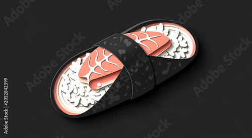 Papercut Layered Diorama. a temaki hand roll as a multi-layered paper sculpture. delicate cut-out layers for nori, rice, fish, in a palette of matte black, creamy white, soft coral