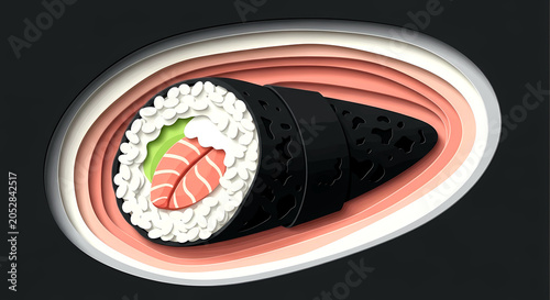 Papercut Layered Diorama. a temaki hand roll as a multi-layered paper sculpture. delicate cut-out layers for nori, rice, fish, in a palette of matte black, creamy white, soft coral